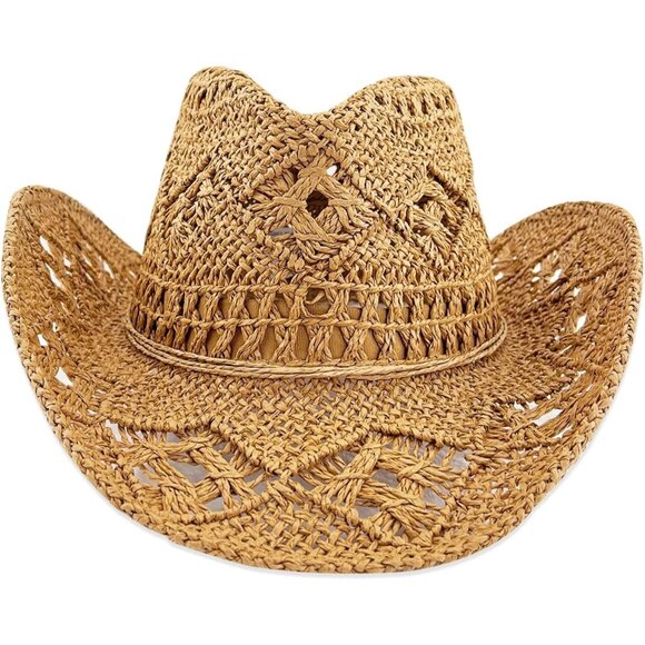 Women's Brown Straw Sparkly Western Cowgirl Hat Foldable Vacation Beach Sun Hat - Picture 1 of 6
